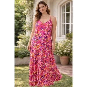 Nicole Miller Vibrant Pink Abstract Floral V-Neck Maxi Dress XL Spaghetti Strap